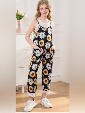 NWOT- 14Y Girls' Black Sunflower Print adjustable strap Jumpsuit